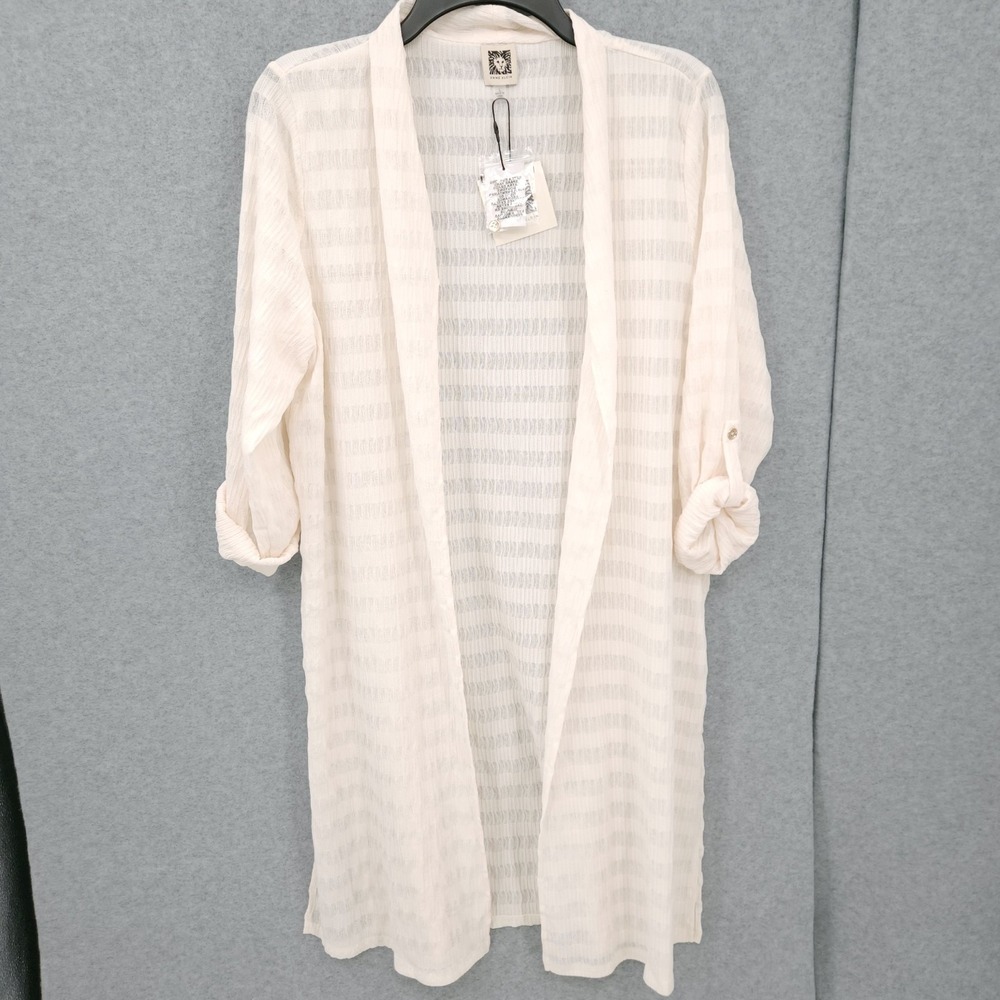 Anne Klein Sheer Stripe Open Front Longline Lt Dune Cardigan Womens Size L NWT‎